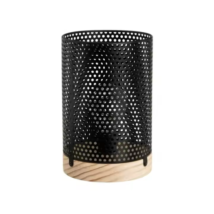 Dcasa Lámpara de mesa decorativa a pilas con rejilla de metal negro y madera de Ø 13x20 cm - 1