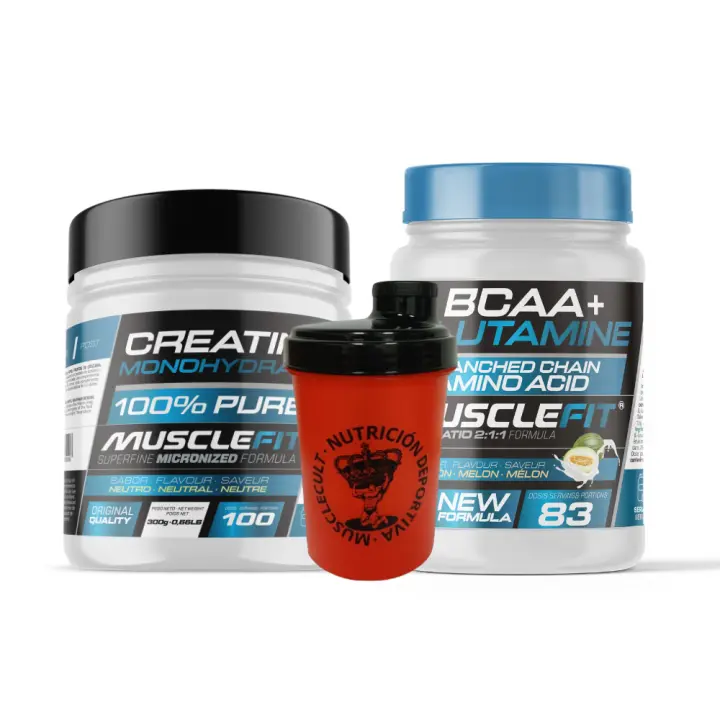 MUSCLEFIT Pack Ahorro Glutamina + Bcaa´s 500g - Varios Sabores + Creatina Monohidrato 300g - Sin Sabor + Shaker (regalo) │MUSCLECULT - 1