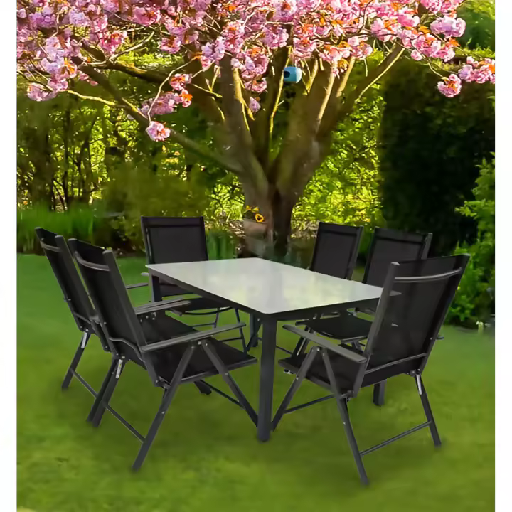 Juego de 7 piezas de muebles de jardín de aluminio de vidrio juego de asientos grupo de comedor grupo de mesa sillas 140 MA Juego de 7 piezas de muebles de jardín de aluminio de vidrio juego de asientos grupo de comedor grupo de mesa sillas 140 MA - 1
