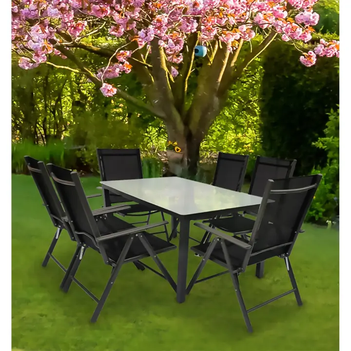 Juego de 7 piezas de muebles de jardín de aluminio de vidrio juego de asientos grupo de comedor grupo de mesa sillas 140 MA Juego de 7 piezas de muebles de jardín de aluminio de vidrio juego de asientos grupo de comedor grupo de mesa sillas 140 MA - 1