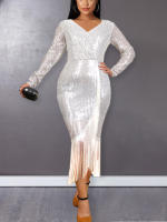 Vestido De Fiesta Para Mujer AOMEI Con Lentejuelas Plateadas Manga Larga Y Abertura En La Parte Inferior Estilo Bodycon Elegante Con Flecos Vestido De Cocktail Para Eventos De Mediana Longitud - details 3