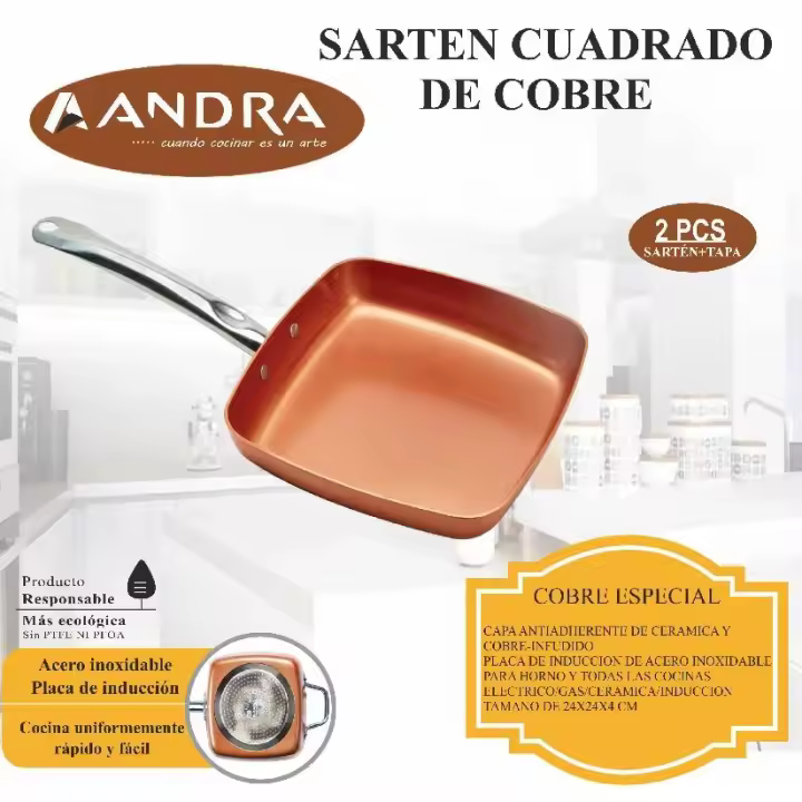 SARTÉN DE COBRE CUADRADA ANDRA 2 PIEZAS (SARTÉN Y TAPA) ANTI ADHERENTE INOXIDABLE - 1