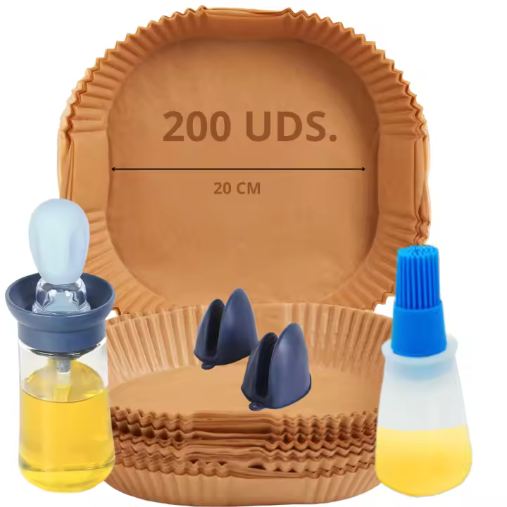 BIT . 200 UD. Papel Freidora Aire Cuadrado de 20cm o 16 cm+ Aceitera+Guantes+Dosificador Aceite de Regalo. 200 Piezas de Papel para Freidora de Aire. Papel Air Fryer Cuadrado. Moldes Papel Freidora de Aire 100% Grado Alimenticio. - 1