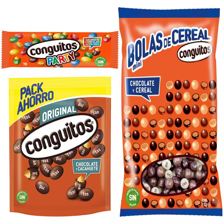 Pack Conguitos negro doypack 350g,party bolsa 70g,mini bolas cereal mix 1kg - 1