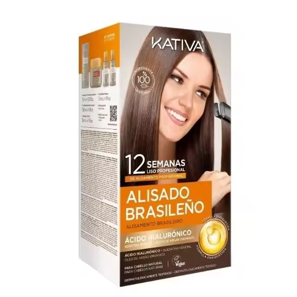 Kativa Kit Alisado Brasileño - Ácido Hialurónico -Para Cabello Natural -Tratamiento Alisado Profesional en casa - Hasta 12 Semanas de duración - Alisado Keratina - Keratina Vegetal - Sin formol - Fácil de aplicar. - 1