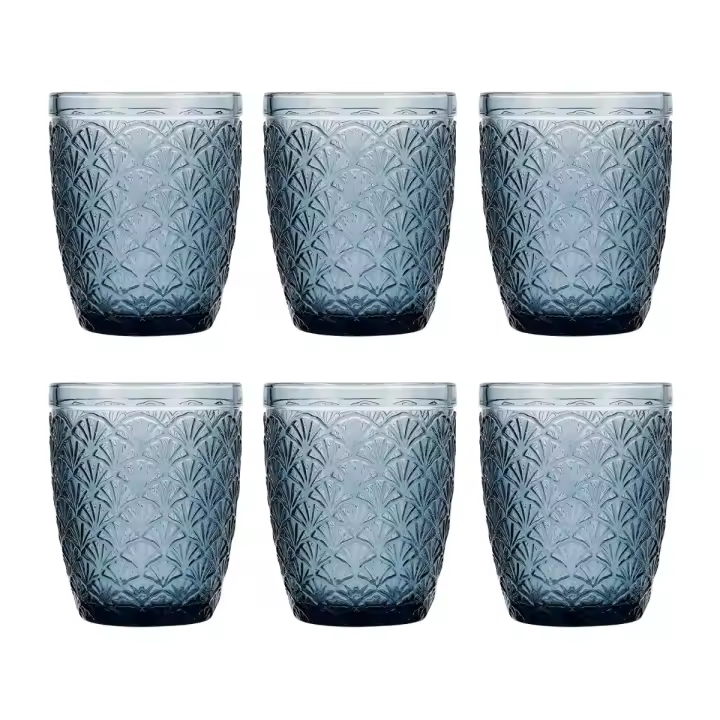 Set 6 Vasos Bajos Vidrio Azul Con Relieve Bidasoa - 1