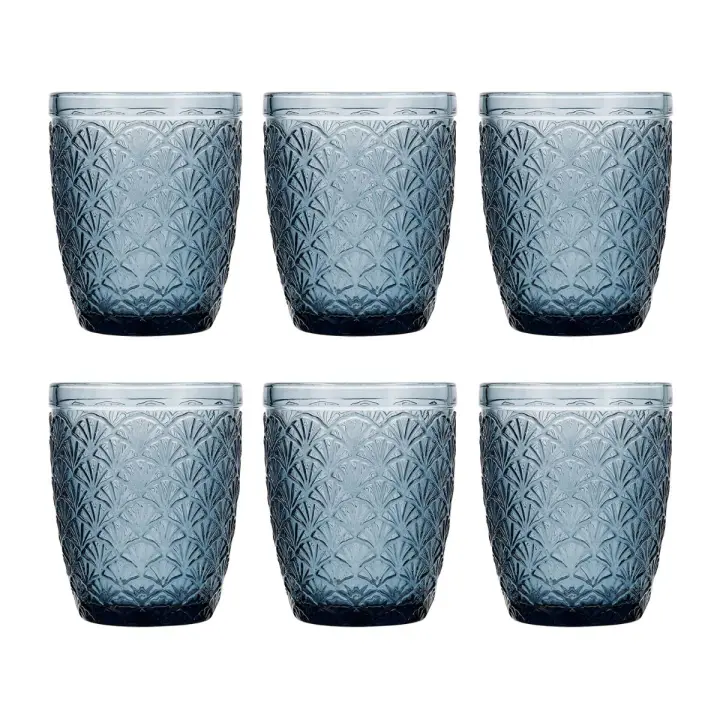 Set 6 Vasos Bajos Vidrio Azul Con Relieve Bidasoa - 1