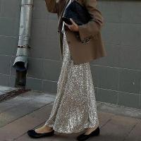 Moda Lentejuelas falda elegante largo cintura alta Oficina casual señora suelta Faldas - details 0