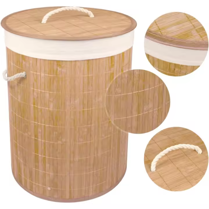 newty Cesto de Bambú con Tapa para la Ropa Sucia Compartimento Cubo Colada Lavandería Plegable con Asa de Cuerda Cesta de Almacenamiento Organizador Cubierta Bolsa Extraíble Laundry Basket Hamper Rectang Cuerda Trenzada Bolsa Interior Caña de Alta Calidad - 1
