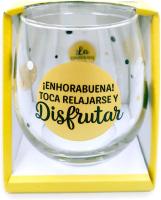 Vaso de vidrio con la frase "¡Enhorabuena! Toca Relajarse y Disfrutar" y elementos decorativos - details 0