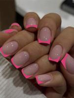 24PCS Uñas Postizas Presionadas Cortas Rosa Cuadradas Diseño De Amor Uñas Postizas Francesas Con Brillo Uñas Lindas Para Fiesta - details 12