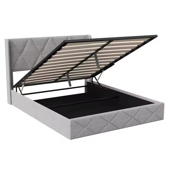 Cama doble 140x200/160x200 cm con almacenaje, cabecero LED, somier de láminas y tapizado en terciopelo beige - 1