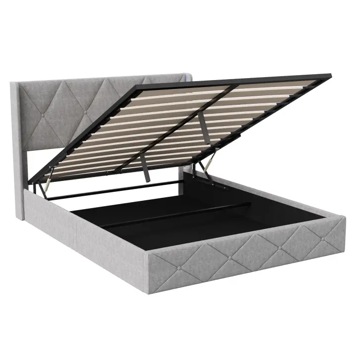 Cama doble 140x200/160x200 cm con almacenaje, cabecero LED, somier de láminas y tapizado en terciopelo beige - 1