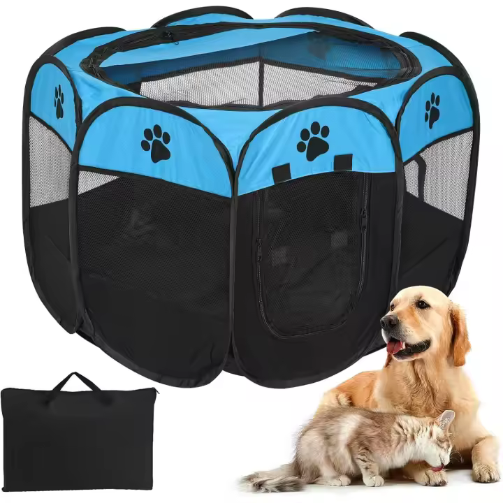 Corralito plegable para Perros con diseño de 8 paneles y Caseta Oxford elegant para interior y exterior, para Perros, Gatos y Conejos (tamaño pequeño (72,5x72,5x40,6 cm), Azul) - 1