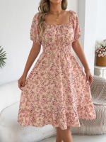 Vestido Elegante De Primavera Y Verano Para Mujer Con Estampado Floral Cuello Cuadrado Manga Corta Volante Al Borde Vestido A-Line De Rodilla - details 0
