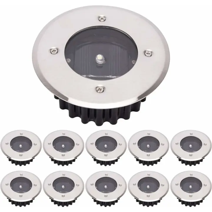 Lámpara de tierra solar LED, paquete de 10, luz exterior, luces de alumbrado público, luz enterrada, impermeable IP65 (blanco frío, redondo) [Clase de eficiencia energética A+] - 1