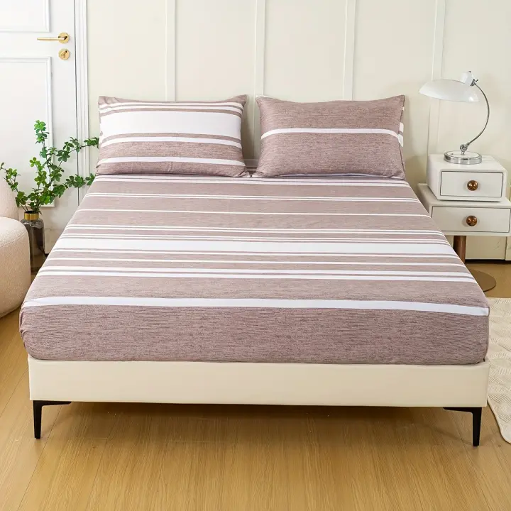 Juego De Sábanas Fitted Con Estampado Rayado De 3 Piezas - Lujosamente Suaves Y Transpirables - Incluye 1 Sábana Fitted Y 2 Fundas Para Almohadas Para Un Sueño Cómodo - 1