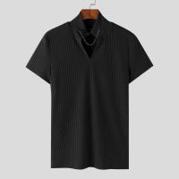Camiseta De Hombre 2024 Knitted Vuelta En V Color Sólido Verano Estilo Casual Camiseta De Moda Streetwear Manga Corta Tallas S-5XL INCERUN - details 4