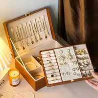 Caja de almacenamiento de joyas forrada de terciopelo para pendientes, anillos y collares de joyería-Blanco - details 4