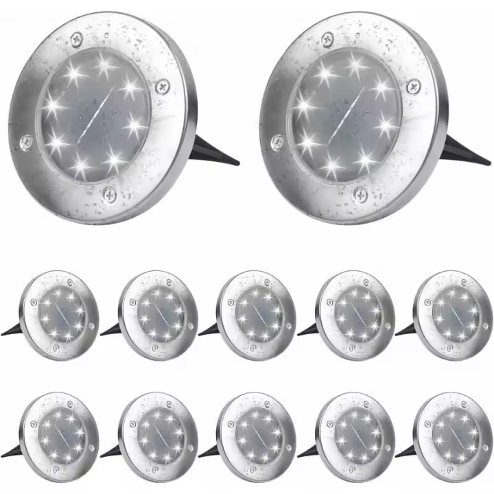 Luz solar para exteriores, luz blanca fría, 6000 K, paquete de 12, lámpara solar impermeable, foco empotrable para camino, jardín, terraza, patio, césped - 1