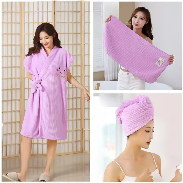 Bata De Baño Para Mujer Con Gorro Y Peto Cruzado De Velours De Coral Espeso Toalla De Secado De Pelo Uso Doméstico - 1