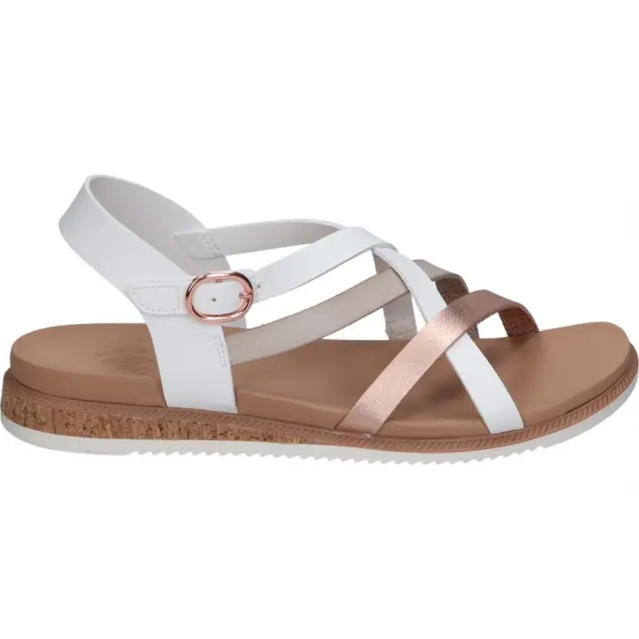 SKECHERS | Sandalias Skechers BOBS Desert Kiss Low Peak Rank para Mujer – Sandalia Plana en Color Blanco con Detalles – Sandalia de Verano con Hebilla – Estilosas – Vegan – Cómodas y Versátiles – Modelo 114709-WHT - 1