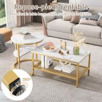 Set de Mesas de Centro Modernas Doradas con Estante, Tablero Efecto Mármol Blanco, Mesa de Café Rectangular + Mesa Auxiliar Redonda, Diseño Nido para Salón - details 4