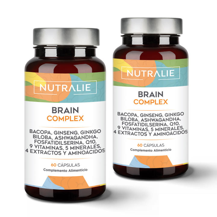 Nootropico Brain Complex -  Memoria y Concentración - Bacopa Monnieri, Ginkgo Biloba, Colina, Ginseng , L-Tirosina + Vitaminas - Brain Complex 60 Cápsulas Nutralie