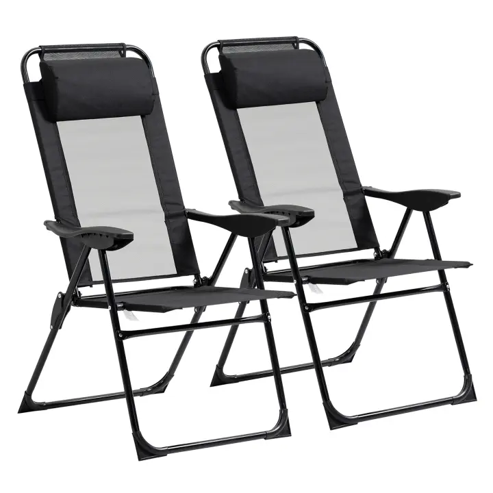 Outsunny Conjunto de 2 Sillas de Camping Plegables Sillas de Jardín con Reposacabezas Desmontable y Respaldo Reclinable en 5 Niveles Carga 120 kg para Terraza Playa 62x70x109 cm Negro - 1
