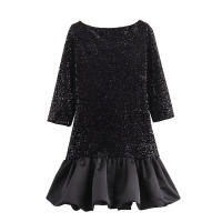 Vestido Mini De Mujer ZATT 2024 Otoño Elegante Sin Espalda Diseño De Lentejuelas Splicing Satén Silken Mangas Medio Cuello Redondo Cierre Por Encima - details 1