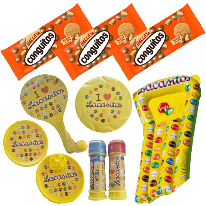 Pack vacaciones Lacasitos y Conguitos:3 galleta leche bolsa 50g,palas con ventosa y con pelota , pompero,frisbee y colchoneta - 1
