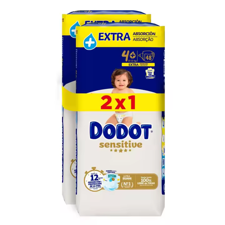 Pañales DODOT Sensitive talla 4+ de 10 a 15 kg - Pack 2x1 - 96 unidades (48x2) - 1