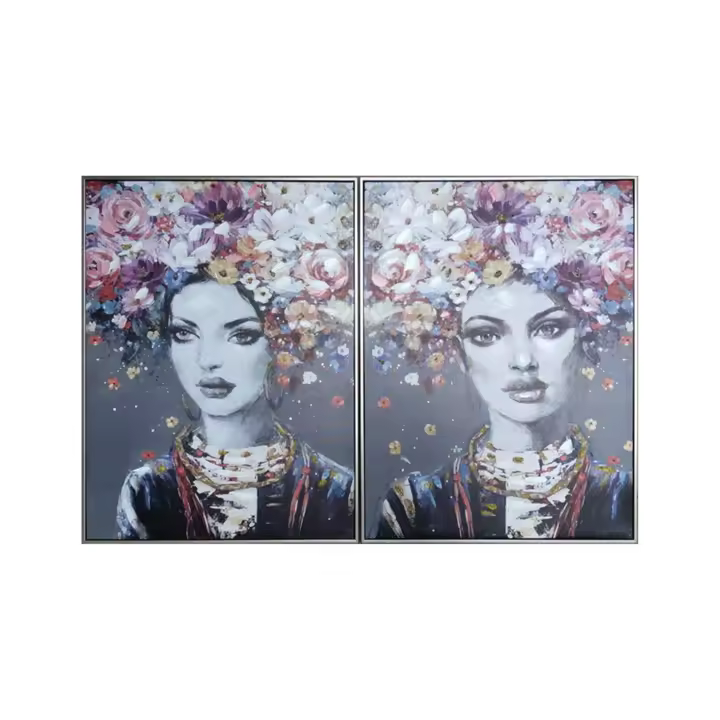 Juego de 2 Cuadros 62*82 con Marco Mujer Flores Colores Elegant - Original - 1