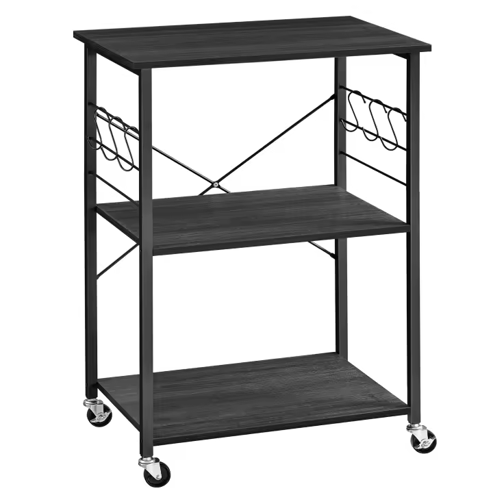 VASAGLE Estantería de Cocina con Ruedas, Carrito de Servicio de 3 Niveles, Estantería para Microondas, Horno, Tostadora, Marco de Metal con 6 Ganchos, Industrial, Gris y Negro/Marrón Rústico + Negro/Ébano y Negro/Roble Dorado y Blanco Nube - 1