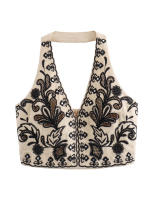Conjunto De Dos Piezas TRFZA Para Mujer Verano Playa Sin Mangas Cuello V Vest Top Y Mini Falda Alta Cintura Estilo Floral Bordado - details 11