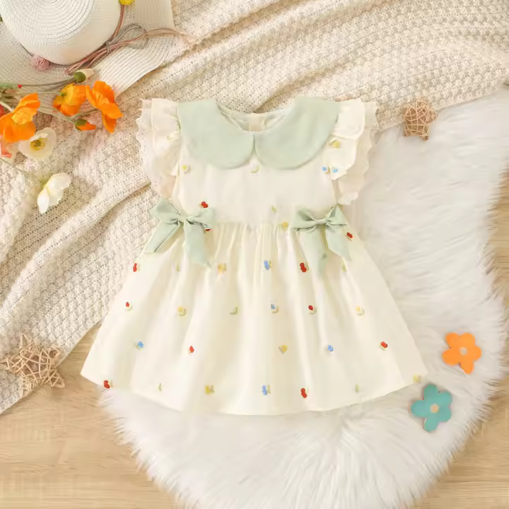 Vestido De Princesa Para Bebés Verano Vestido A-Line Con Encaje Y Bordado De Flor Vestido De Niña Dulce Sin Mangas Largo De Rodilla Algodón Y Poliéster Talla True Fit - 1