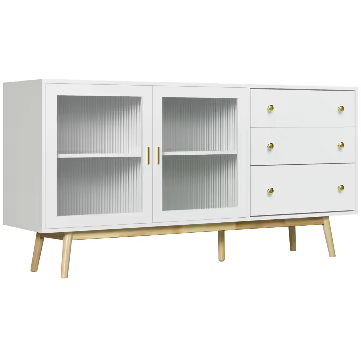 HOMCOM Aparador de Cocina Moderno Aparador de Salón Mueble Vitrina con 2 Puertas de Vidrio 3 Cajones y Patas de Madera de Caucho para Comedor 160x40x80 cm Blanco - 1