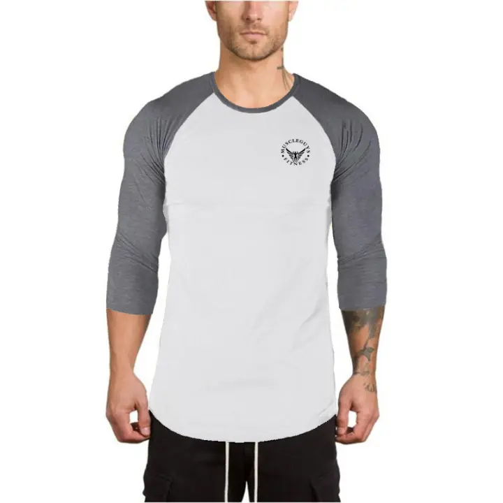 Casual Fashion 0-neck Tops Men Fitness Gym Shirt Outdoor Hip Hop T shirt Summer Breathable Three Quarter Sleeves Cotton T-shirt - 1