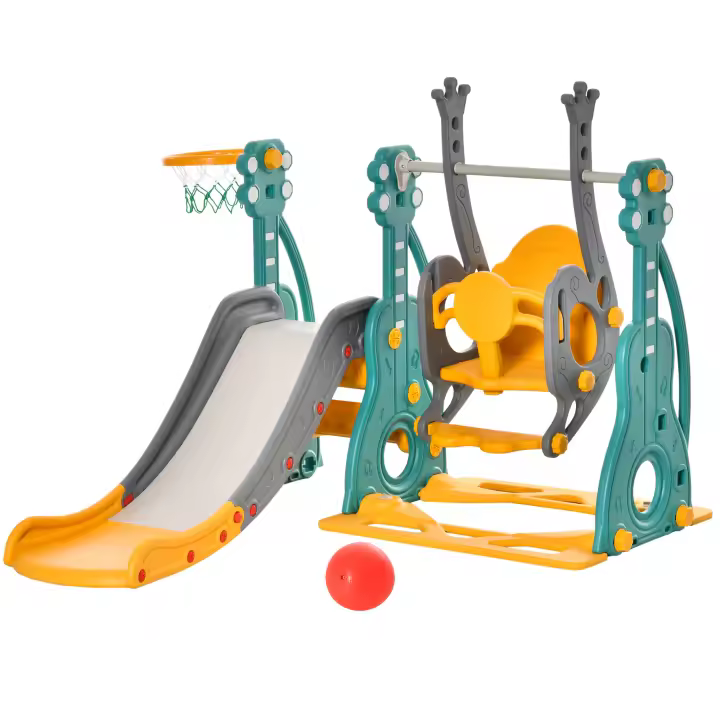 HOMCOM Tobogán Infantil con Columpio y Canasta de Baloncesto 3 en 1 para 18-36 Meses con Asiento Ajustable Parque Infantil para Interior y Exterior 152x149x107 cm Multicolor - 1