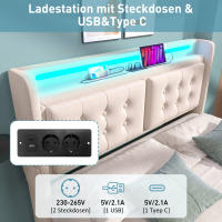 Cama tapizada 160x200, Cama Doble with Cabeza LED y Carga USB C Y 4, Cama de almacenamiento with base de listones de madera y estructura metálica, capacidad de carga 300 kg, algodón (colchón no incluido) - details 2