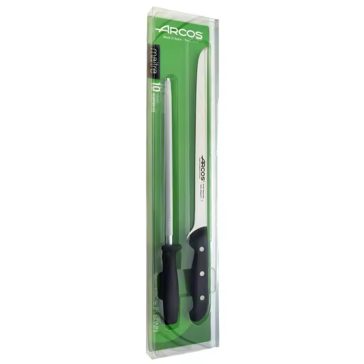 ARCOS Maitre - Set Cuchillo Jamonero (275 mm) + Chaira (230 mm) - Hoja de Acero Inoxidable Nitrum® - Mango Negro de Polipropileno (PP) - 1