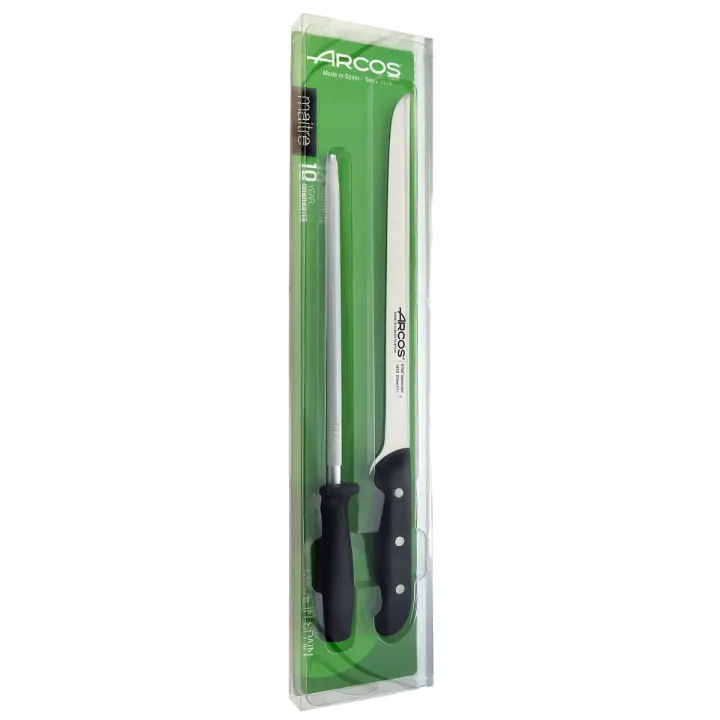 ARCOS Maitre - Set Cuchillo Jamonero (275 mm) + Chaira (230 mm) - Hoja de Acero Inoxidable Nitrum® - Mango Negro de Polipropileno (PP) - 1