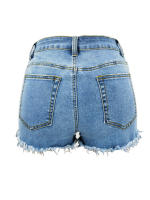 Shorts De Mezclilla Para Mujer Cintura Media Estirables Estilo Casual Veraniego Con Decoración De Rasguños Y Lavado - details 1