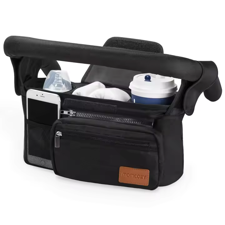 Organizador universal para cochecito con portavallas aislado, bolsa para cochecito de bebé, accesorios para bebé with bolsillo with Cremallera, correa para el hombre y espacio de almacenamiento para pantalones y teléfonos móviles, color Negro - 1