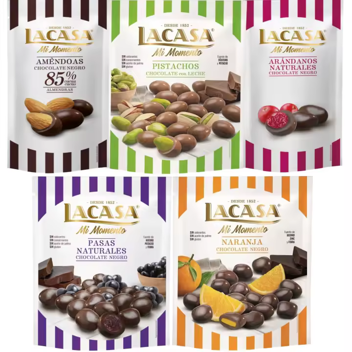 Lacasa Mi Momento pack de 5:Arándano choco Negro 60G,Almendra 85% 65G,Pasas choco Negro 150G,Naranja choco Negro 125G,Pistacho Leche 100G - 1