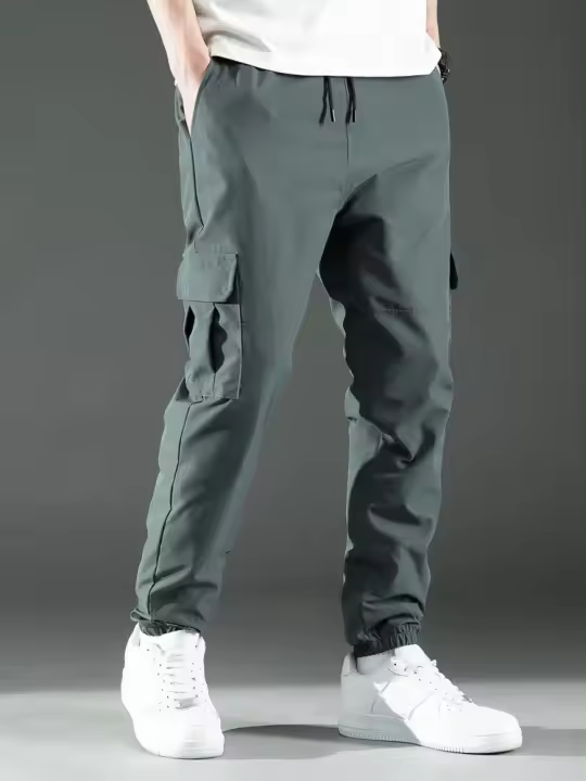 Pantalones De Cargo Para Hombre Con Cintura Media Y Diseño De Cordón Trousers Poliéster Adecuados Para Citas Y Escena Casual - 1