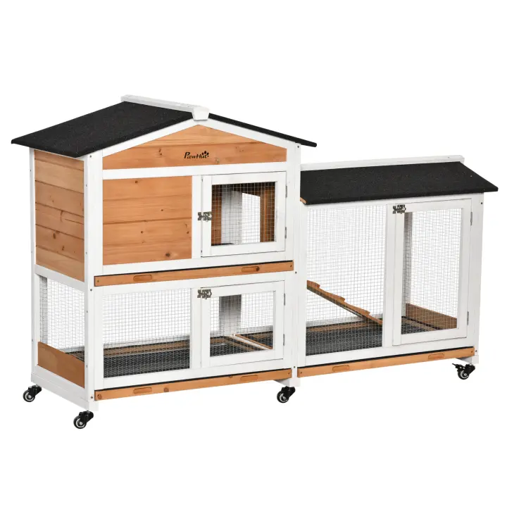 PawHut Conejera de Madera 157,4x53x99,5 cm Jaula para Conejos Grande con Ruedas Techo Asfáltico Bandeja Extraíble y Rampa para Exterior - 1