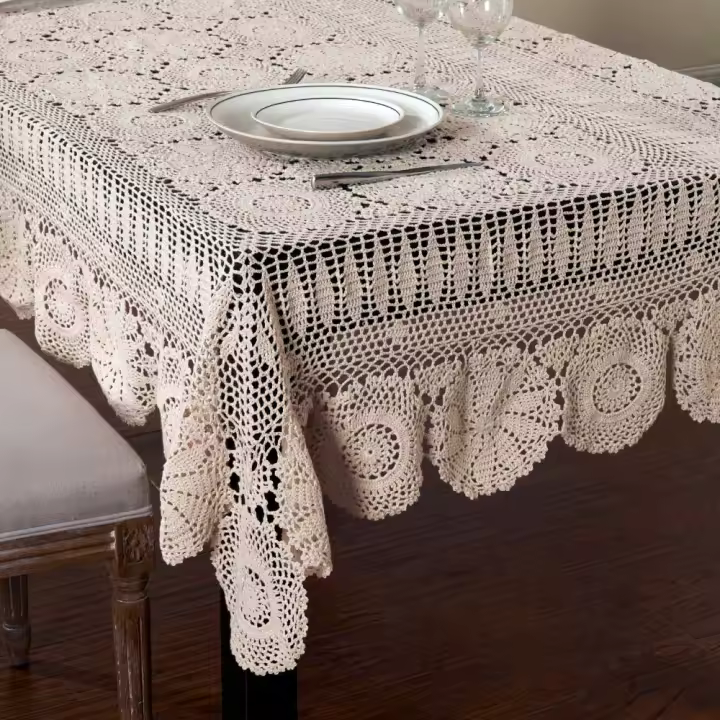 Mantel De Algodón Tejido a Mano En Beige Con Encaje Disponible En Varios Tamaños Mantel Rectangular Para Banquetes Y Fiestas - 1