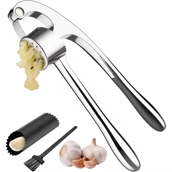 Picadora de ajo, trituradora de ajo, tritura ajo y jengibre sin esfuerzo, prensa de ajo de cocina, trituradora de ajo con pelador de ajo de silicona y cepillo de limpieza, color plateado - 1