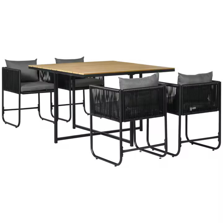 Outsunny Conjunto de Jardín Exterior de Ratán Sintético Juego de Muebles de Jardín para Exterior de Ratán de 5 Piezas con Mesa Cuadrada 4 Sillas Cojines Negro y Natural - 1